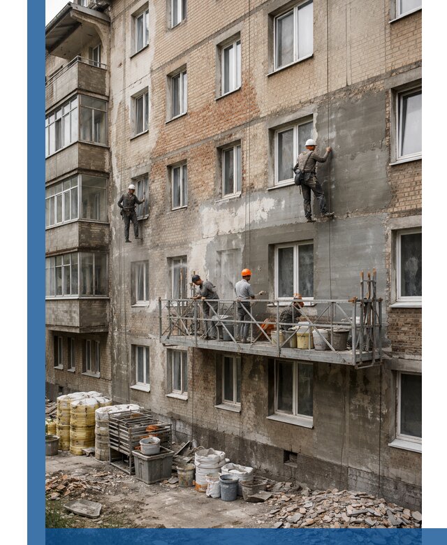 Капитальный ремонт фасада в Воткинске с восстановлением и гидроизоляцией