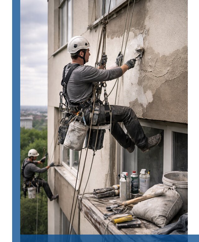 Косметический ремонт фасада зданий в Воткинске промышленными альпинистами