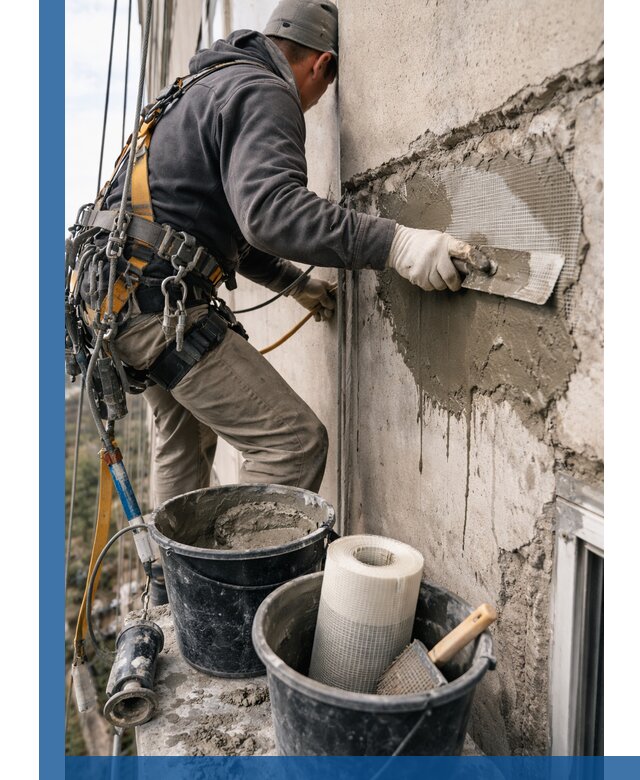 Ремонт бетонных элементов фасада промышленными альпинистами в Воткинске