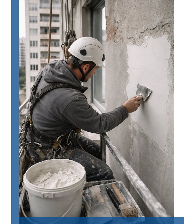 Шпаклевка фасадов на высоте с промальпинистами в Воткинске