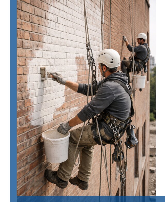 Покраска кирпичного фасада с доступным альпинистским сервисом в Воткинске