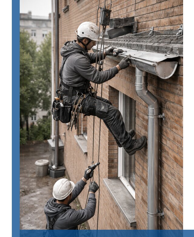 Монтаж водосточной системы на здании в Воткинске под ключ