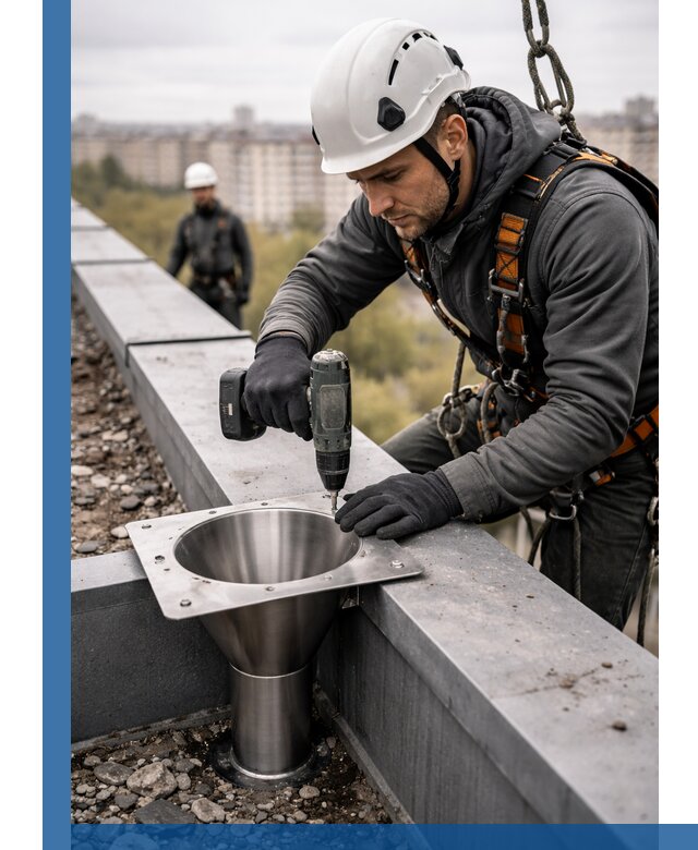 Монтаж водосточных воронок в Воткинске для промышленных зданий