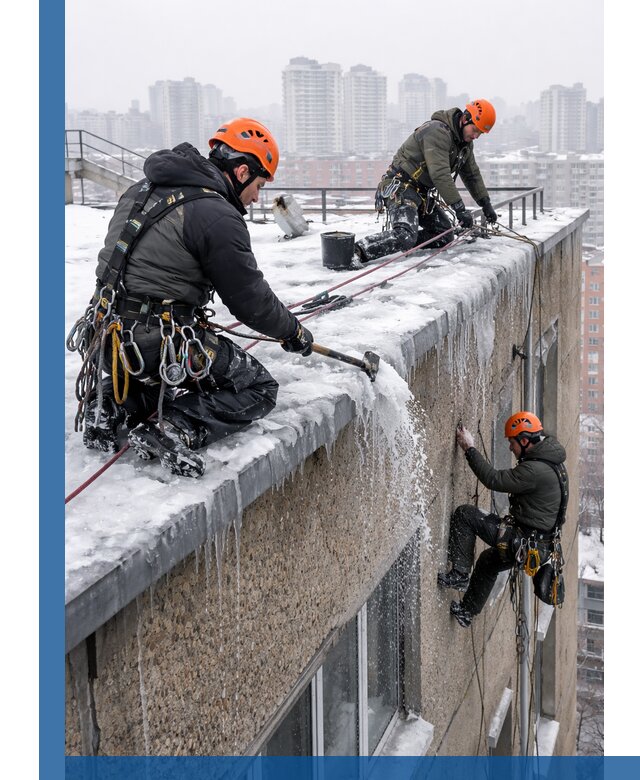 Удаление наледи с кровли в Воткинске промышленными альпинистами