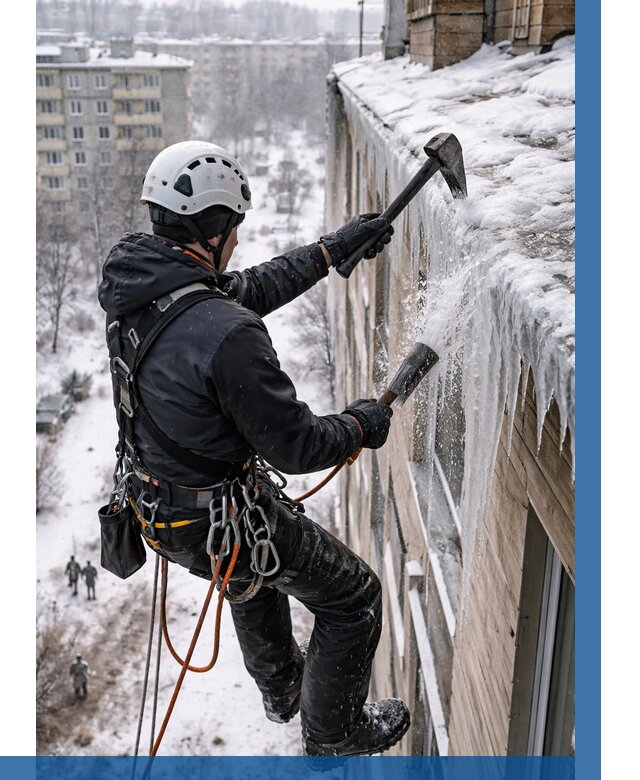 Сбивание сосулек с крыши в Воткинске по цене от 4662 р. | ВЫСОТНИК-Втк