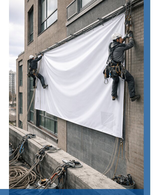 Монтаж баннеров на фасаде в Воткинске от 673 р. заказать ВЫСОТНИК-Втк