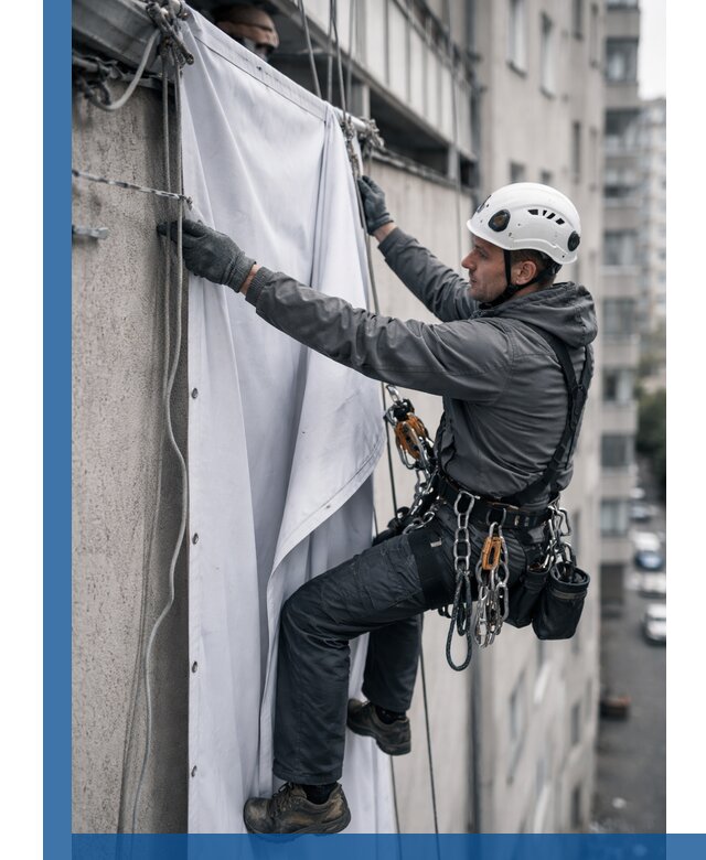 Замена баннерного полотна промышленными альпинистами в Воткинске