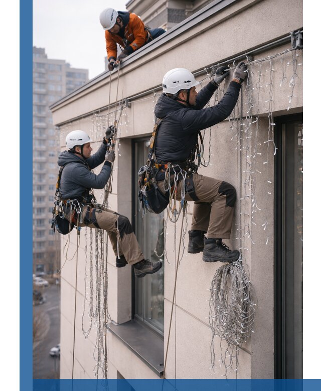 Монтаж праздничных гирлянд на фасаде в Воткинске для зданий