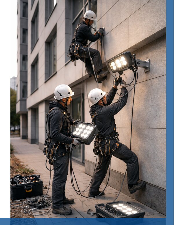 Монтаж прожекторов на фасаде в Воткинске от 7770 р. | ВЫСОТНИК-Втк