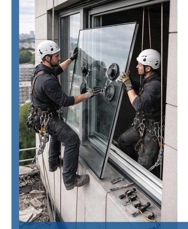 Замена стеклопакетов на высоте с промышленными альпинистами в Воткинске