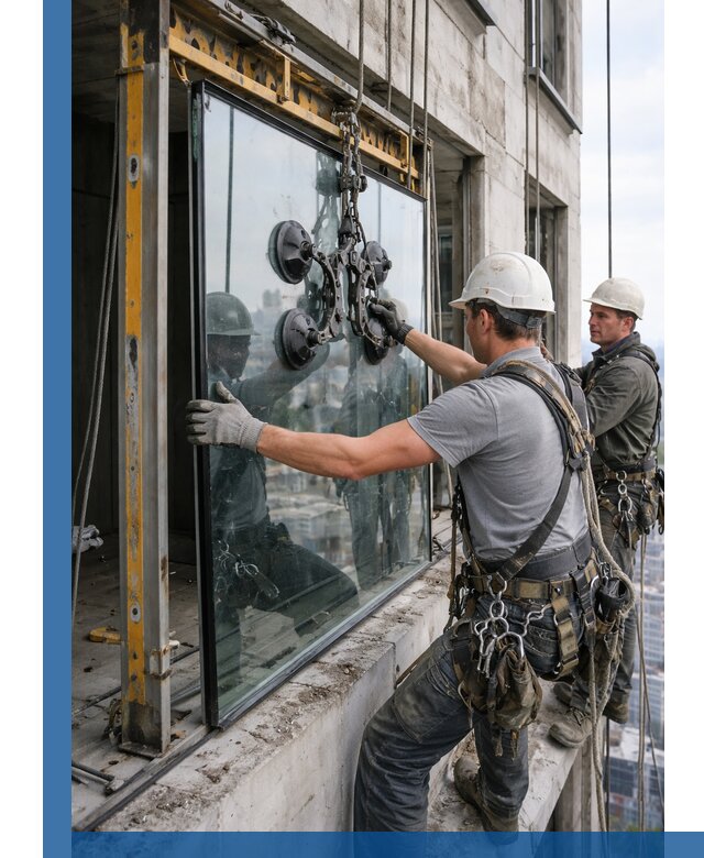 Монтаж стеклопакетов на высоте в Воткинске с промышленным альпинизмом