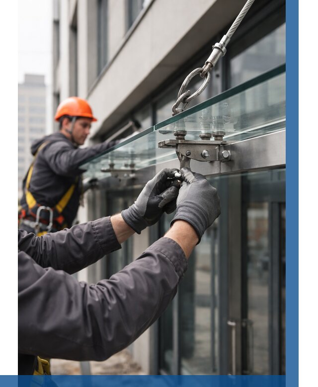 Монтаж стеклянных козырьков в Воткинске от 8806 р. | ВЫСОТНИК-Втк