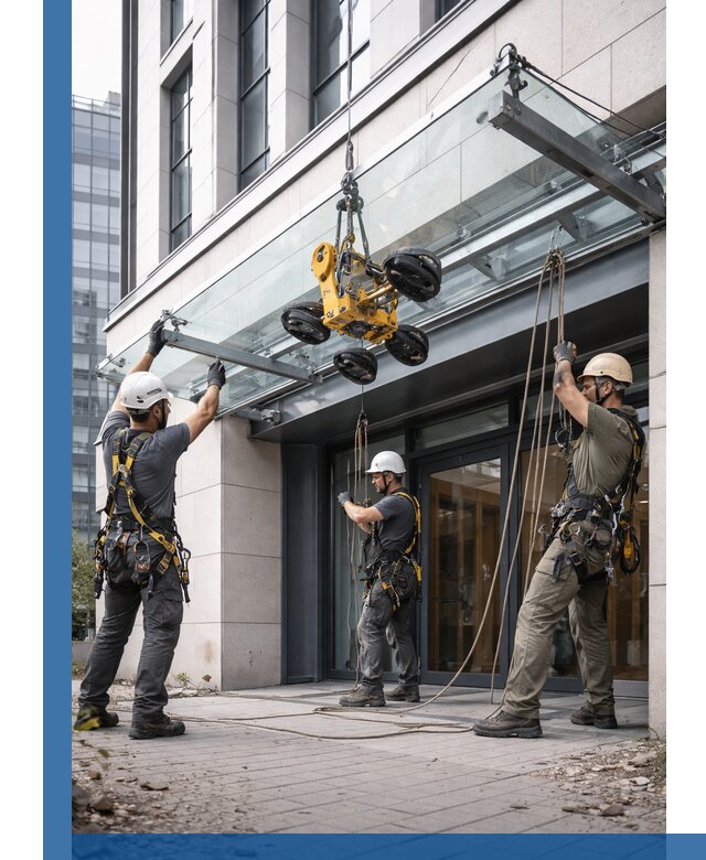 Монтаж стеклянных козырьков под ключ в Воткинске для зданий