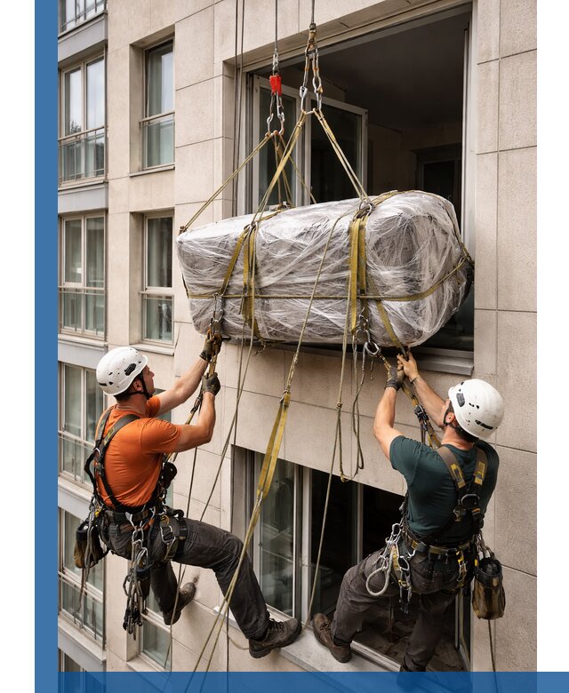 Подъем грузов через окно в Воткинске промышленными альпинистами