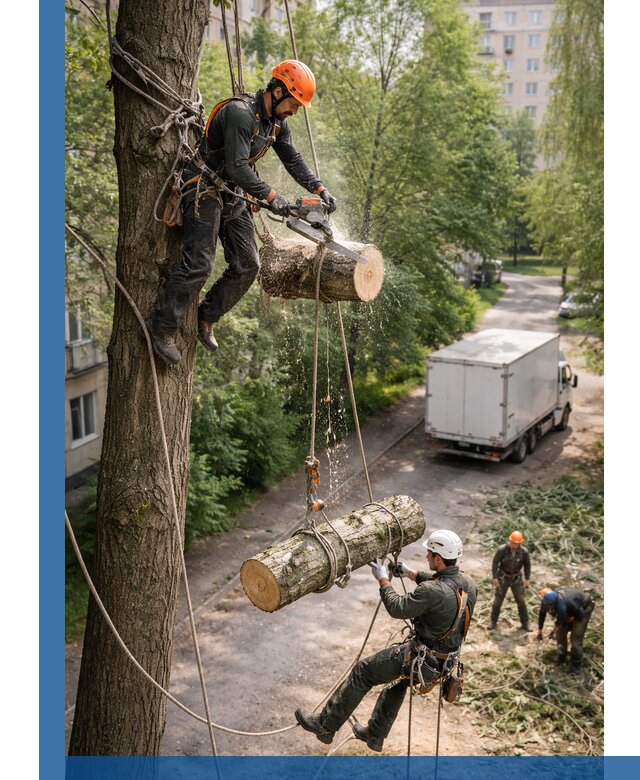 Спил деревьев альпинистами в Воткинске, безопасно и без повреждений