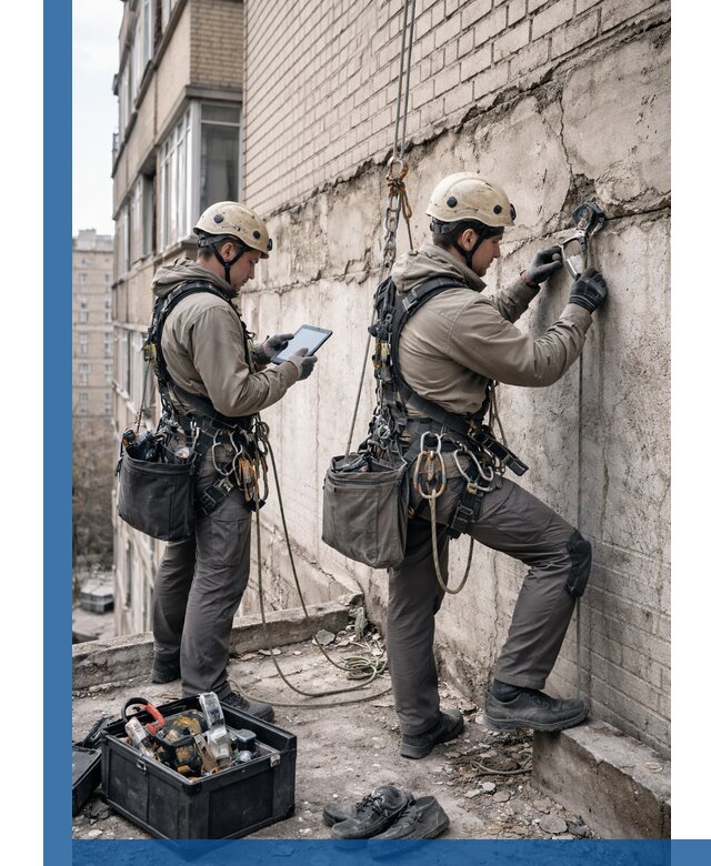 Обследование фасада промышленными альпинистами в Воткинске